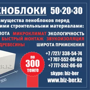 Пеноблоки 50х20х30,  от 300тг в Алматы,  компания «Biz-ber»